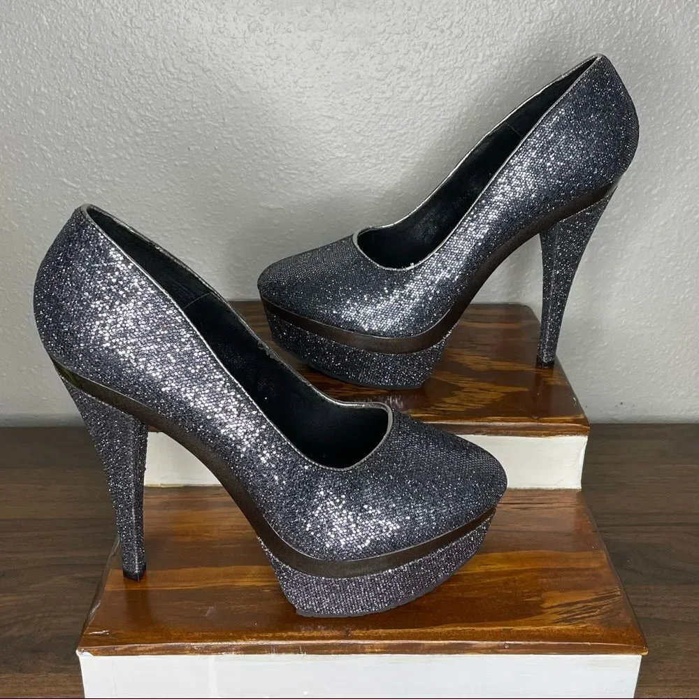 Promise Stiletto Platform Glitter Sparkly Steel Gray / Pewter High Heels Size 9